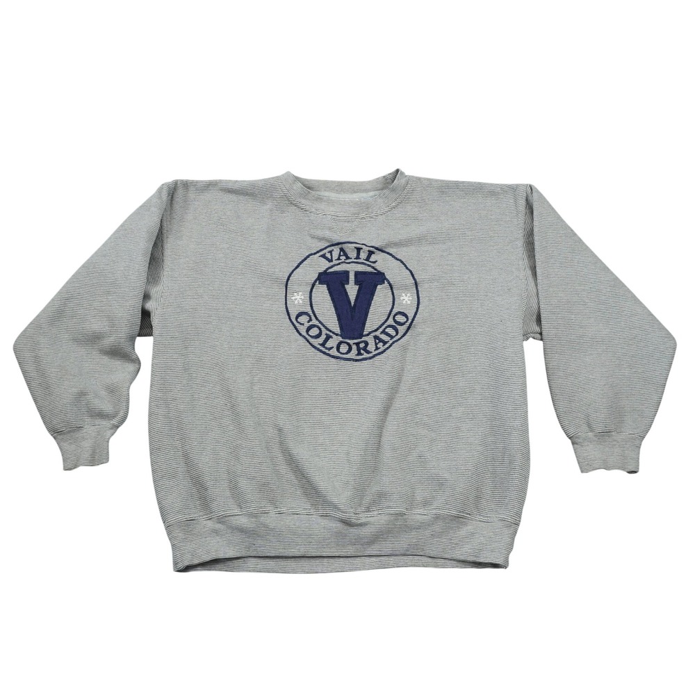 Vintage Vail Colorado Crewneck Sweatshirt Grey Striped Embroidered 90s Retro